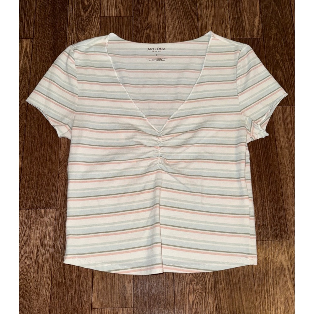 Arizona Jean Co Womens Small Striped Ruched V-Neck Short Sleeve Baby Tee White‎